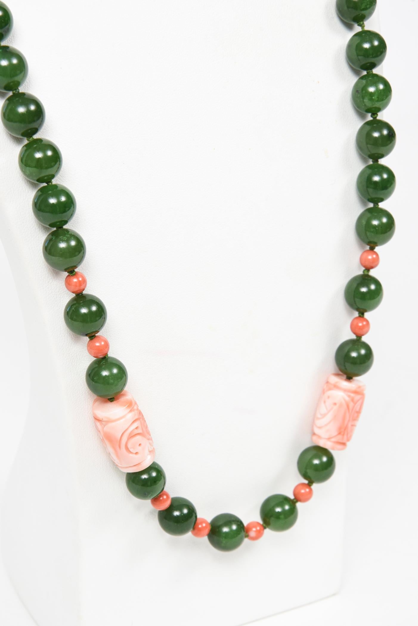 Mid 20th Century Chinese Jade and Carved Coral Bead Necklace With Silver Flower 9