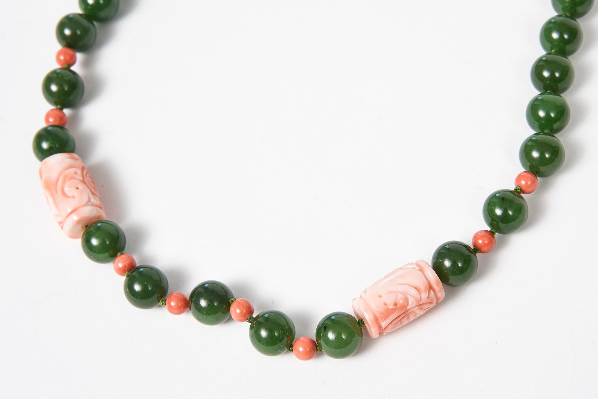 Women's or Men's Mid 20th Century Chinese Jade and Carved Coral Bead Necklace With Silver Flower  For Sale