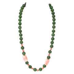 Mid 20th Century Chinese Jade and Carved Coral Bead Necklace With Silver Flower