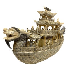 Mid-20th Century, Chinese Large Bone Carved Elaborate Imperial Dragon Boat