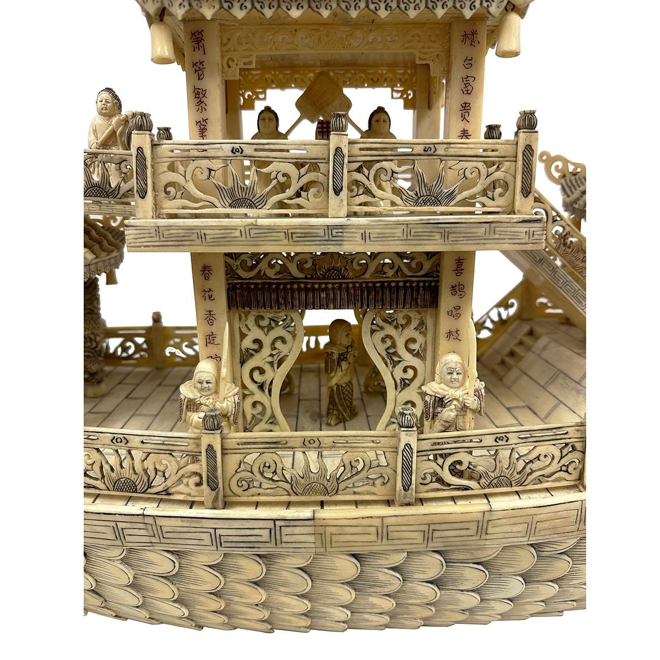 Chinese Export Mid-20th Century, Chinese Large Bone Carved Elaborate Imperial Dragon Boat