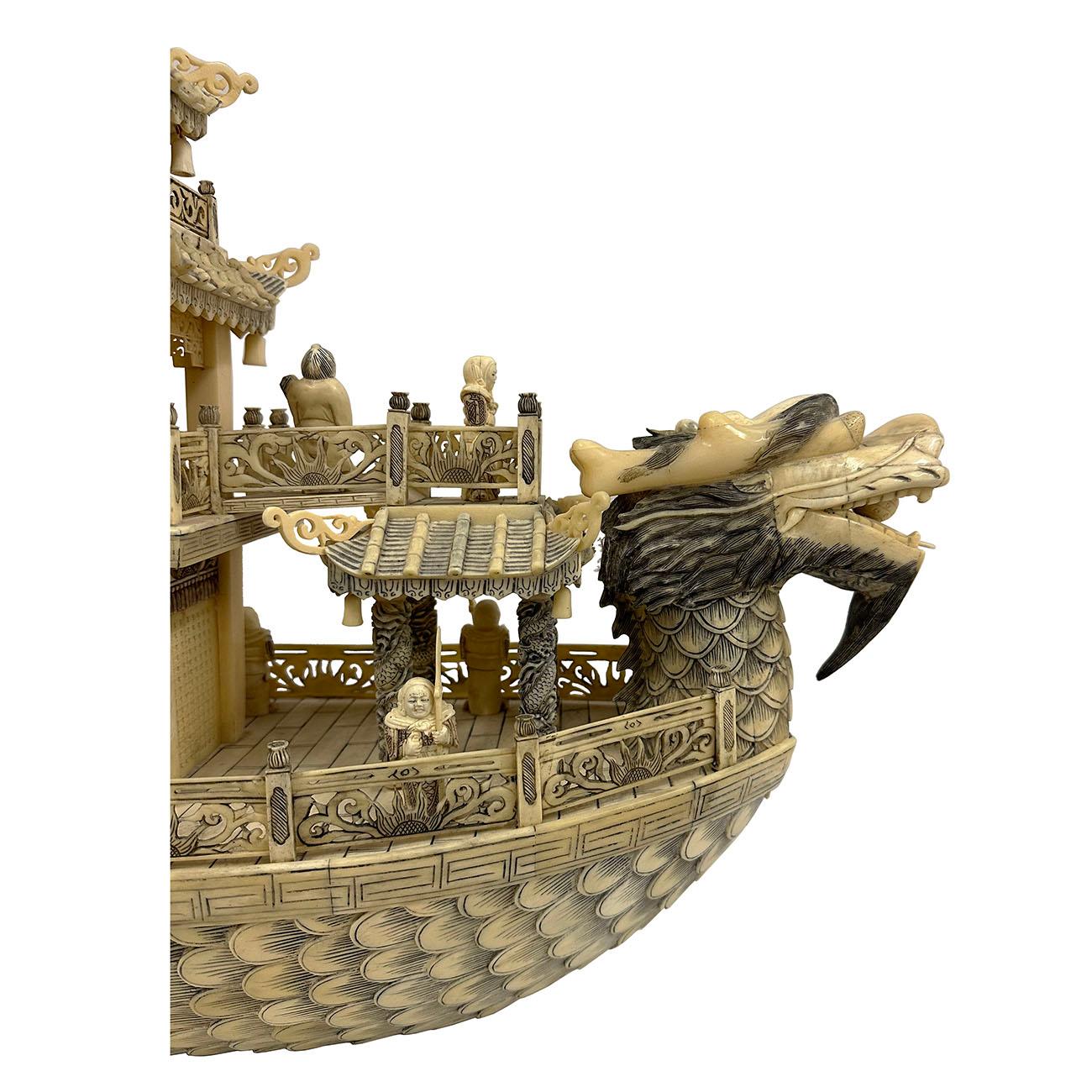 Mid-20th Century, Chinese Large Bone Carved Elaborate Imperial Dragon Boat 2