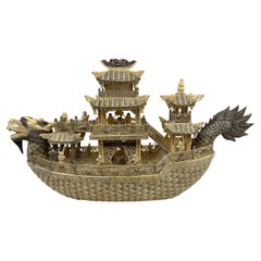 Mid-20th Century, Chinese Large Bone Carved Elaborate Imperial Dragon Boat