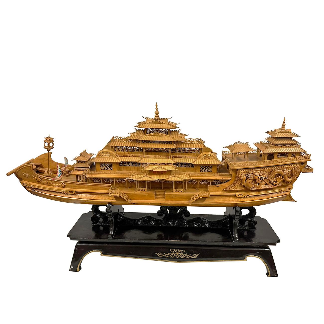 Mid-20th Century, Chinese Large Wooden Carved Elaborate Imperial Dragon Ship For Sale 5