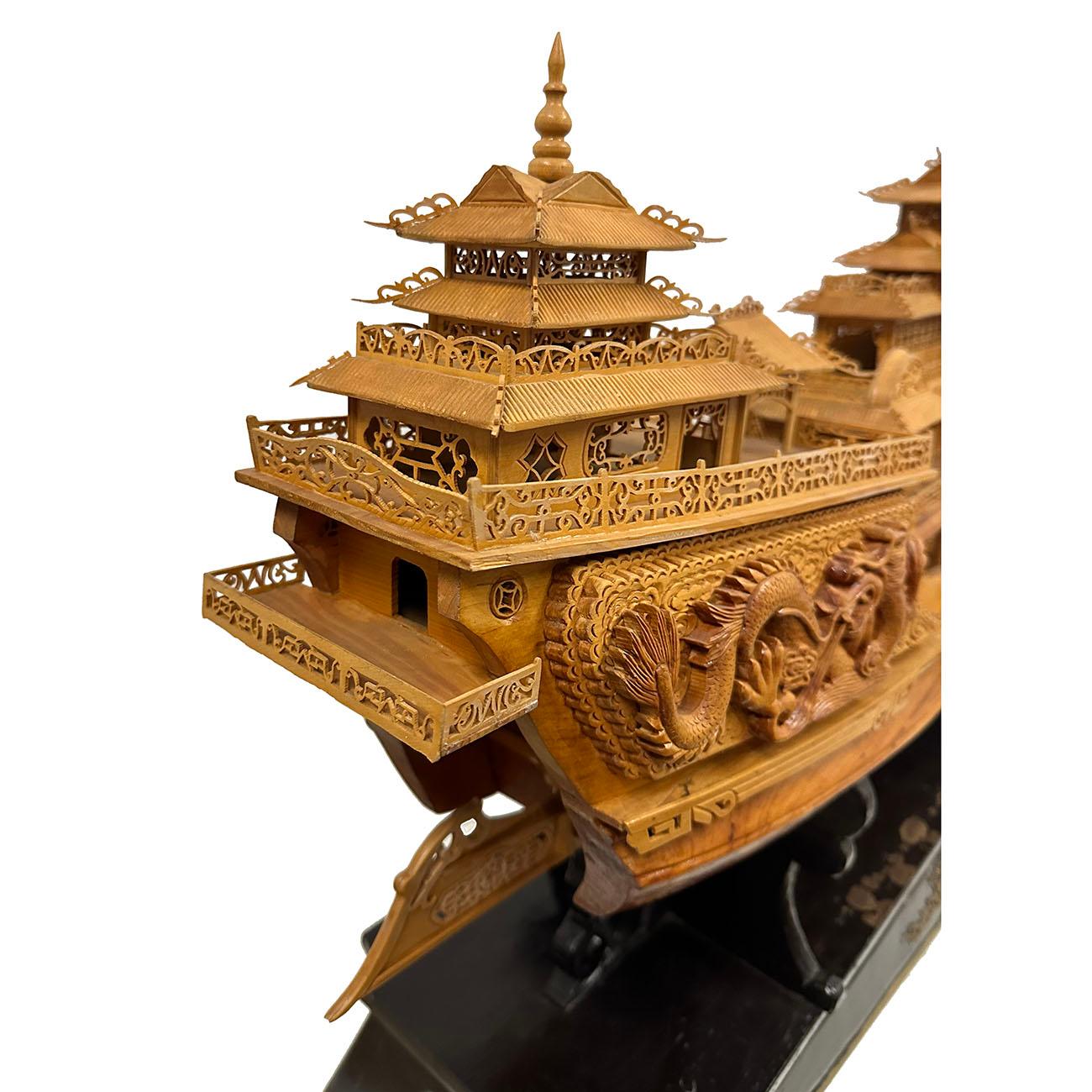 Mid-20th Century, Chinese Large Wooden Carved Elaborate Imperial Dragon Ship For Sale 9