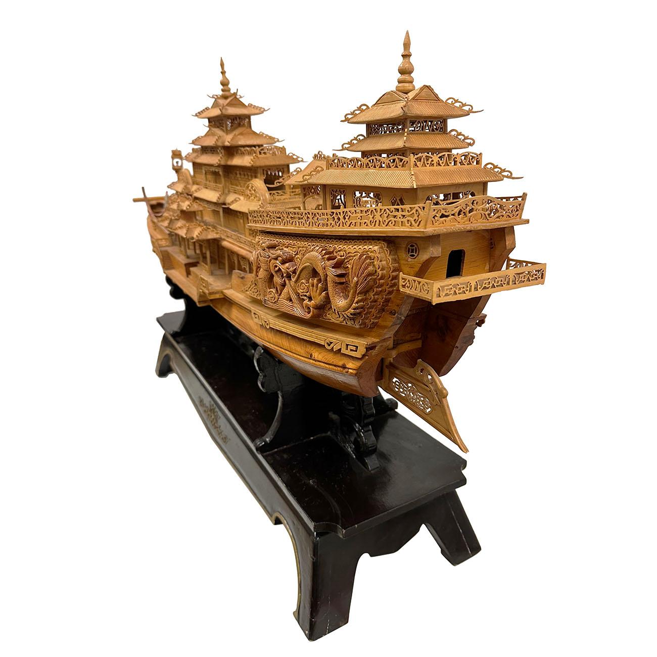 Mid-20th Century, Chinese Large Wooden Carved Elaborate Imperial Dragon Ship For Sale 10