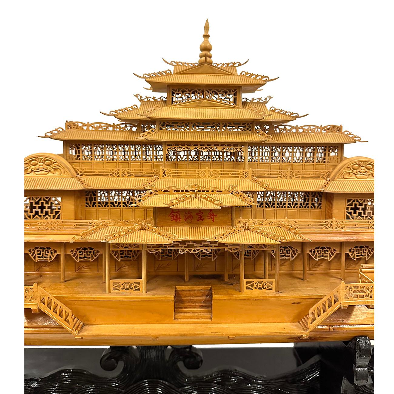 Chinese Export Mid-20th Century, Chinese Large Wooden Carved Elaborate Imperial Dragon Ship For Sale