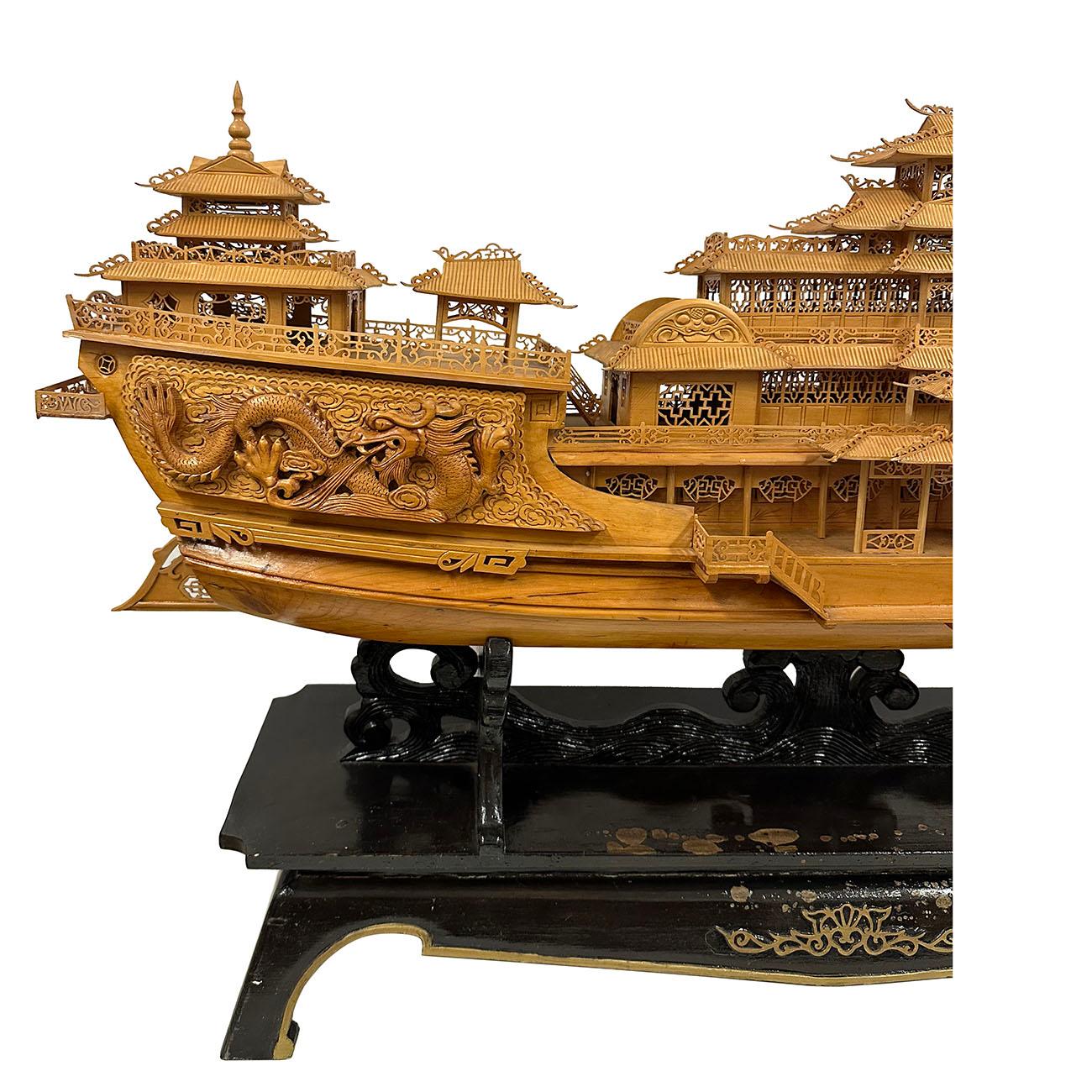 Hand-Carved Mid-20th Century, Chinese Large Wooden Carved Elaborate Imperial Dragon Ship For Sale