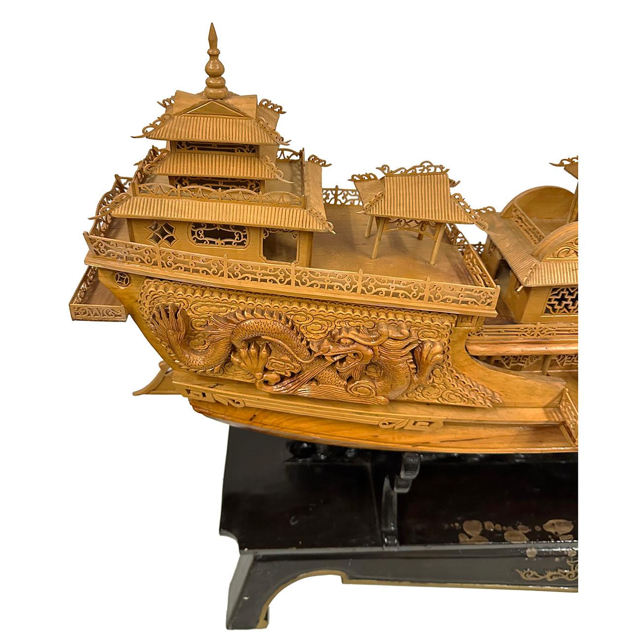 Mid-20th Century, Chinese Large Wooden Carved Elaborate Imperial Dragon Ship In Good Condition For Sale In Pomona, CA