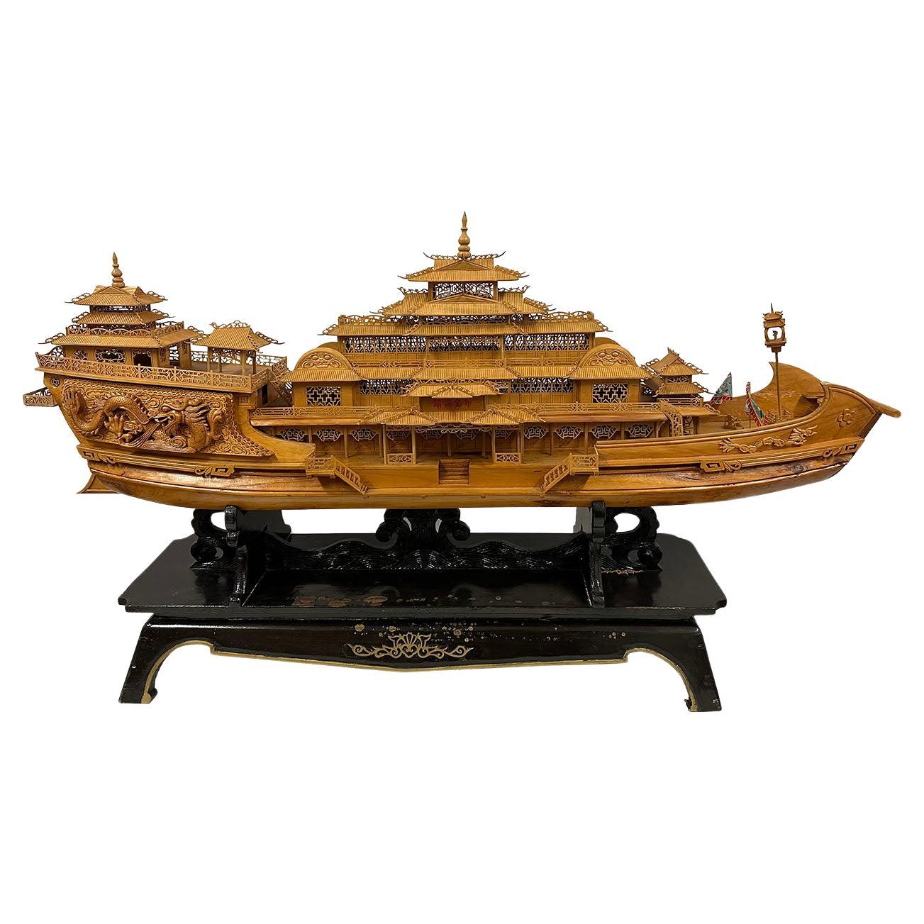 Mid-20th Century, Chinese Large Wooden Carved Elaborate Imperial Dragon Ship For Sale