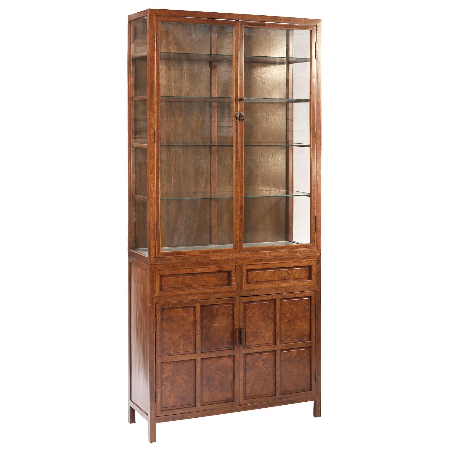 Other Mid-20th Century Chinese Lighted Burl Wood and Glass Tall Two Piece Cabinet