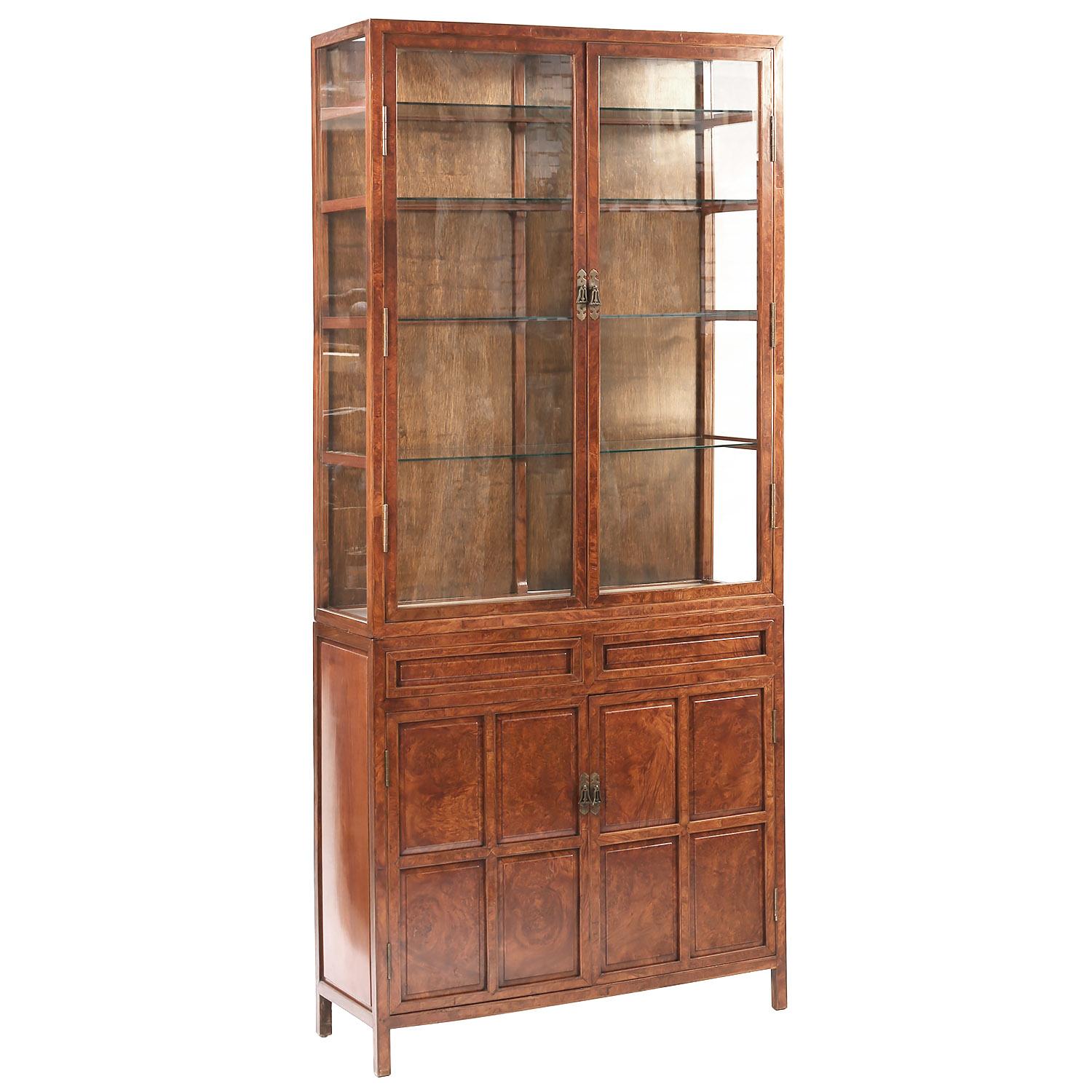 Hand-Crafted Mid-20th Century Chinese Lighted Burl Wood and Glass Tall Two Piece Cabinet