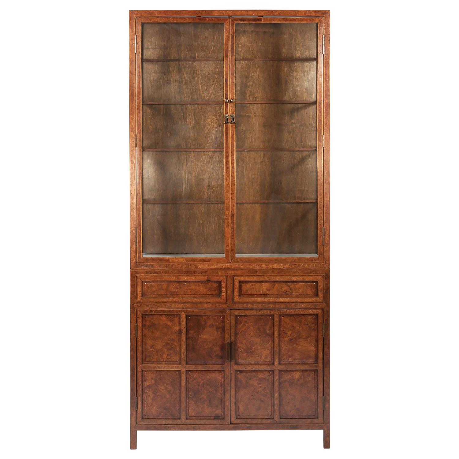 Mid-20th Century Chinese Lighted Burl Wood and Glass Tall Two Piece Cabinet