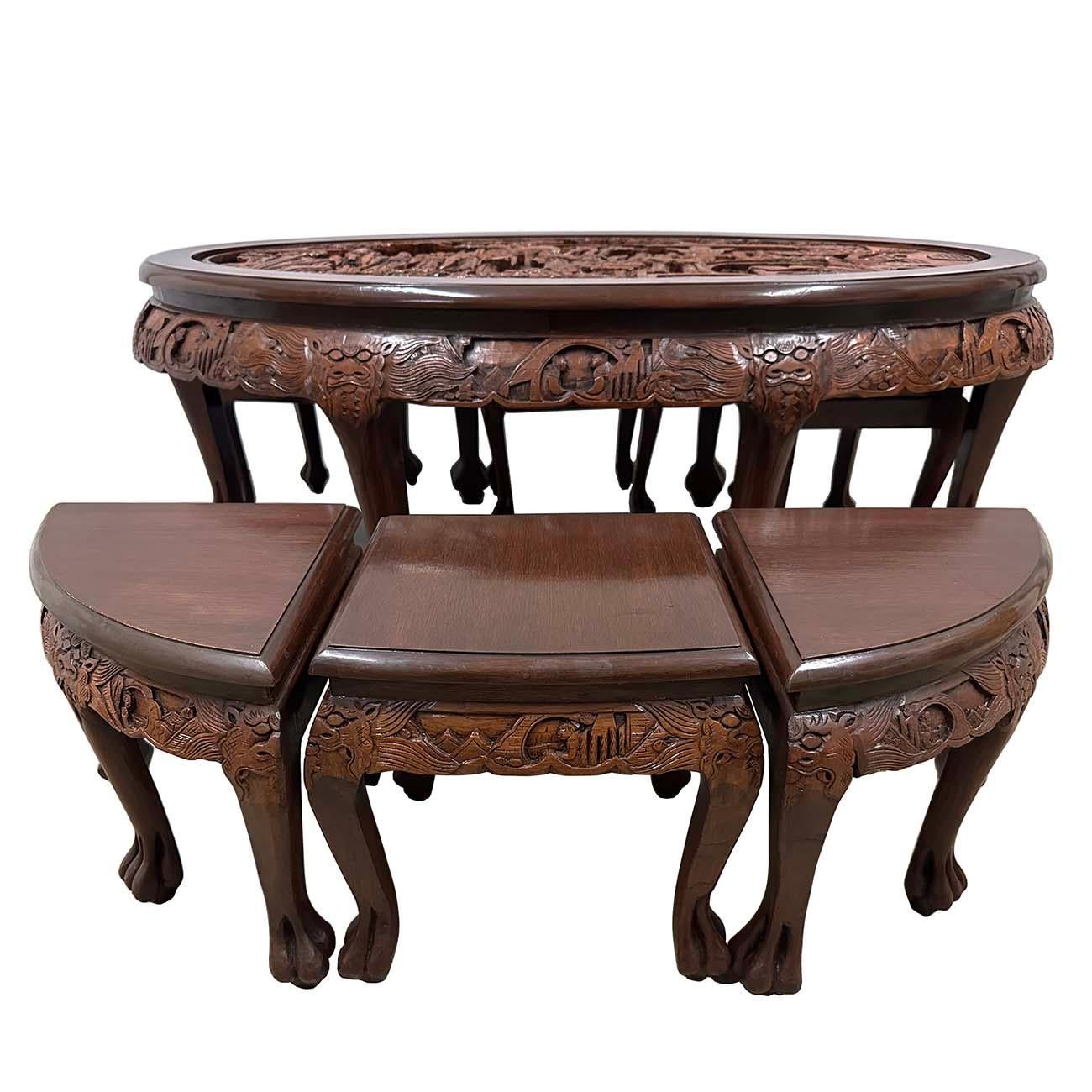 Mid-20th Century Chinese Massive Oval Carved Coffee Table With 6 Nesting Stools For Sale 3