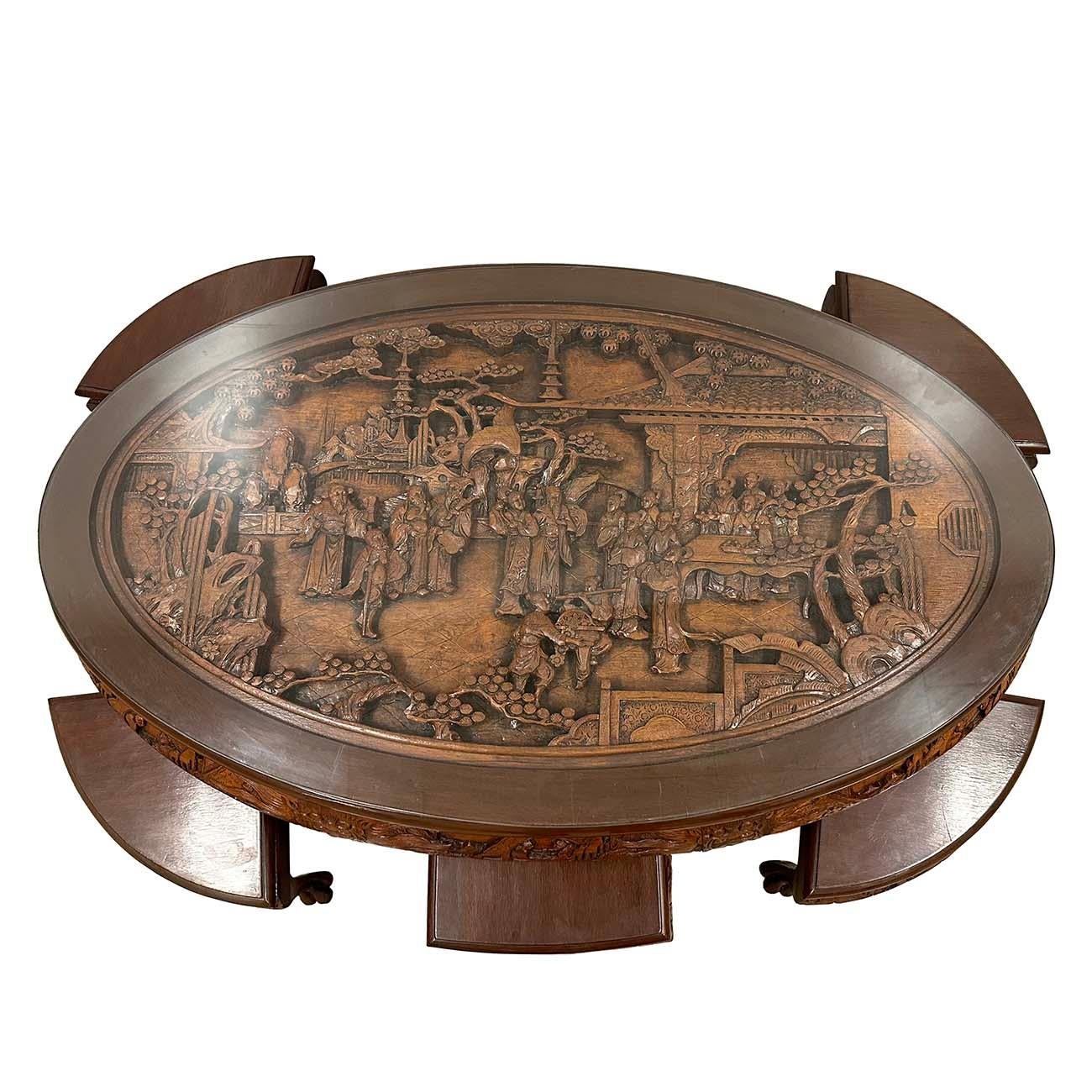 This beautiful Teak wood Coffee Table has a lot of Chinese traditional massive carving works of Chinese Characters and traditional Chinese Architecture design on the top. This coffee table made from solid teak wood and has beautiful ornate carving