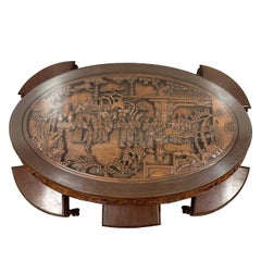 Mid-20th Century Chinese Massive Oval Carved Coffee Table With 6 Nesting Stools