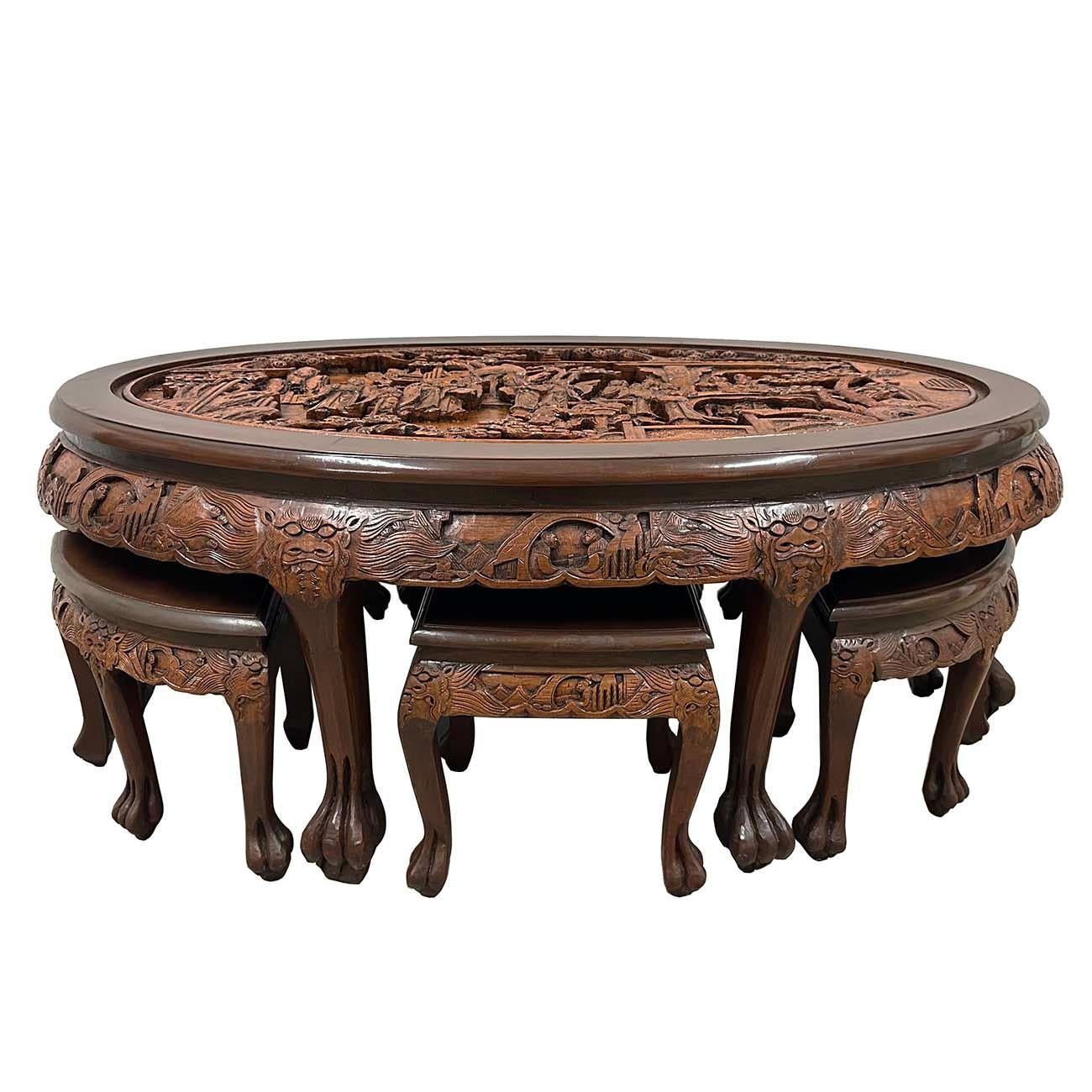 chinese carved coffee table with stools