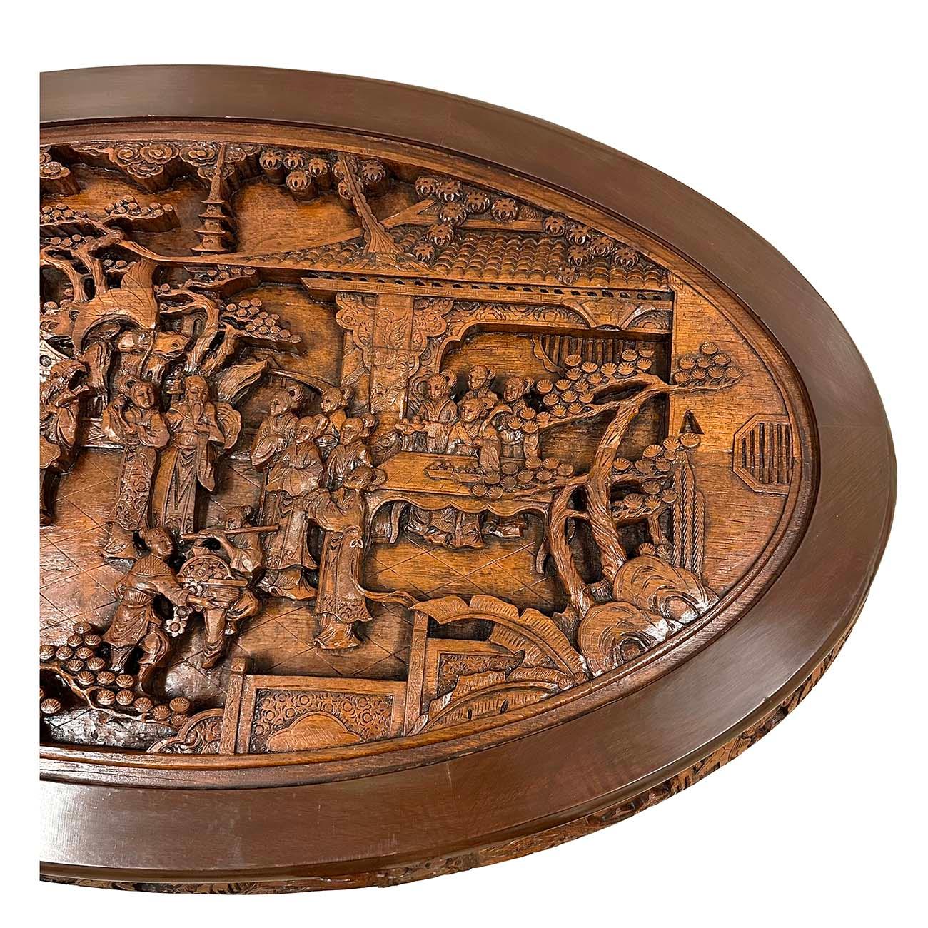 Chinese Export Mid-20th Century Chinese Massive Oval Carved Coffee Table With 6 Nesting Stools For Sale