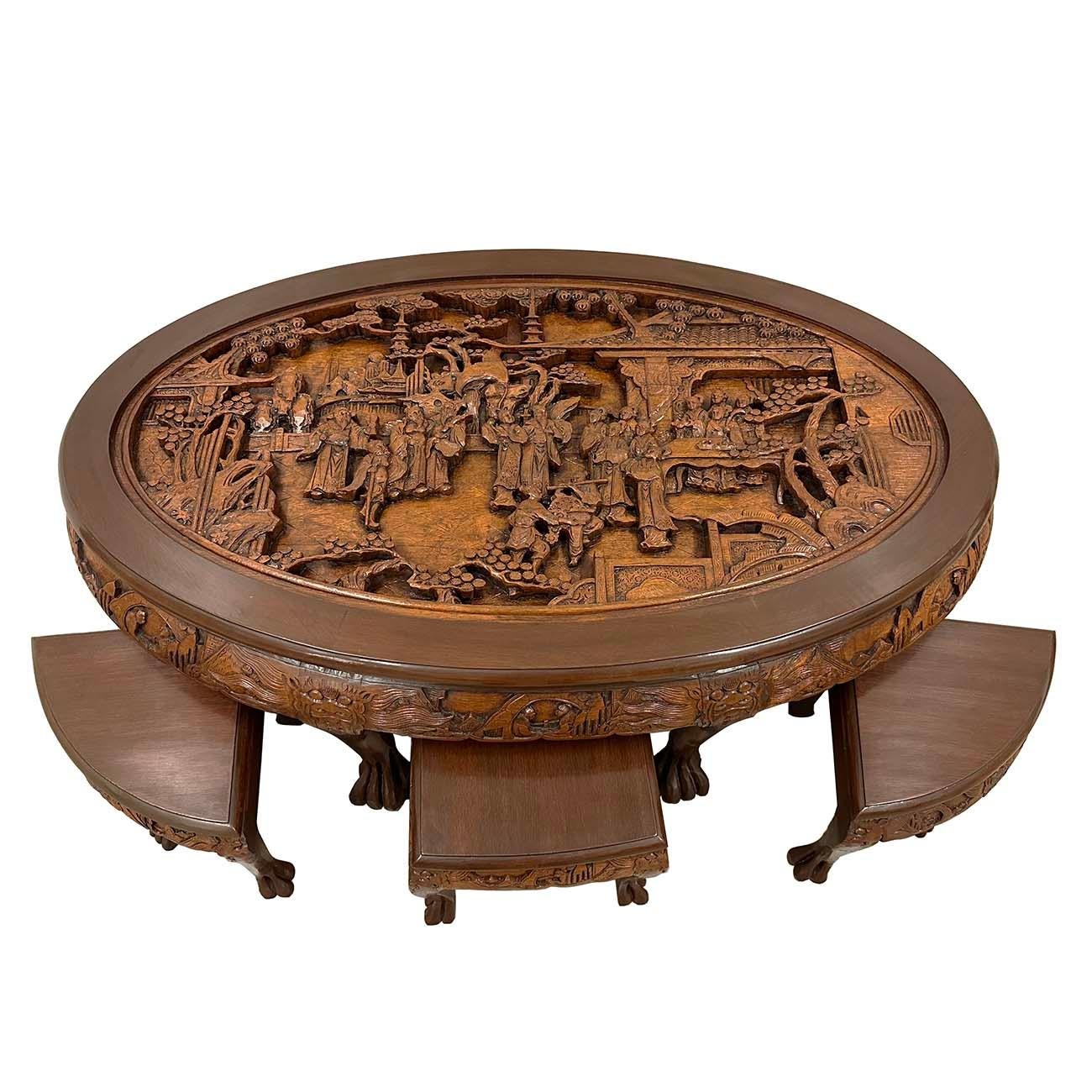 Mid-20th Century Chinese Massive Oval Carved Coffee Table With 6 Nesting Stools In Good Condition For Sale In Pomona, CA