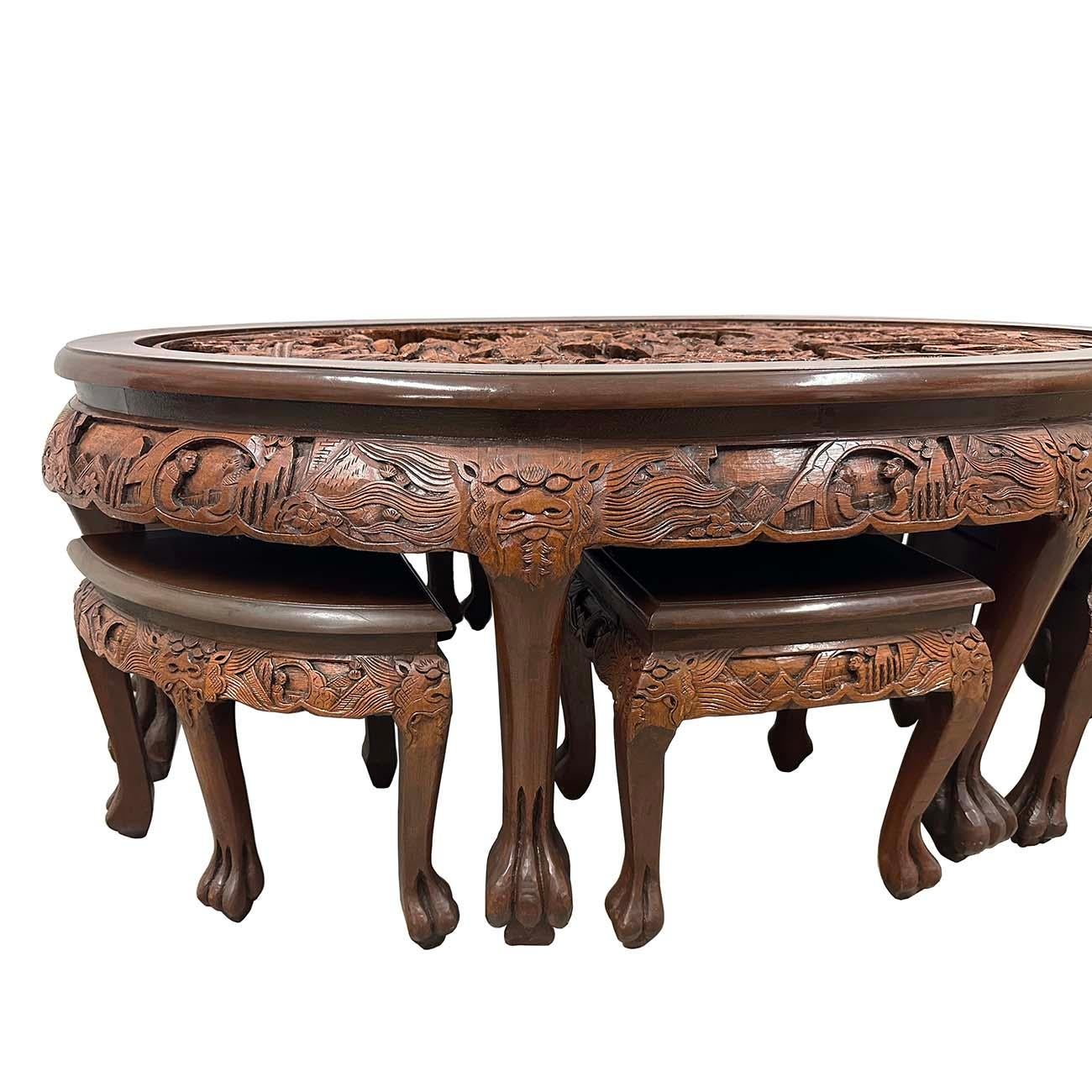 Teak Mid-20th Century Chinese Massive Oval Carved Coffee Table With 6 Nesting Stools For Sale