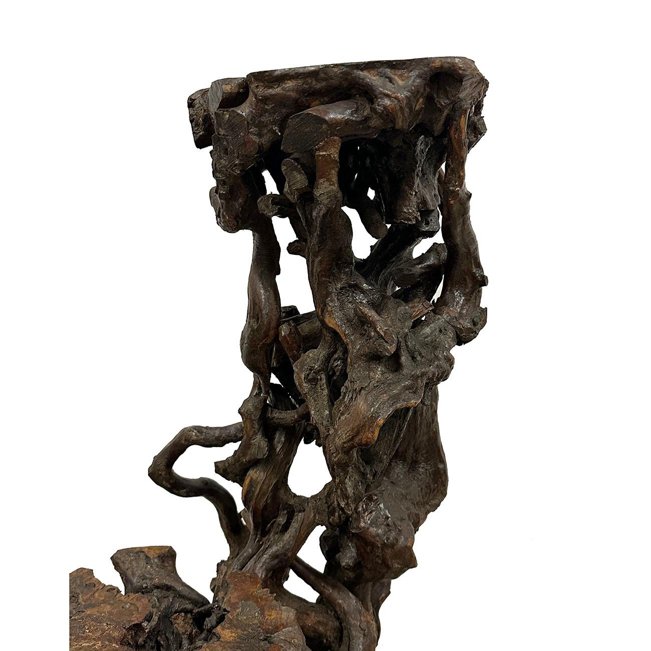 Wood Mid-20th Century Chinese Natural Organic Tree Roots Plant Stand, Pedestal For Sale