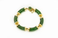 Mid-20th Century Chinese Nephrite Jade Bamboo Bar Link Yellow Gold Bracelet