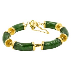 Vintage Mid-20th Century Chinese Nephrite Jade Bamboo Bar Link Yellow Gold Bracelet