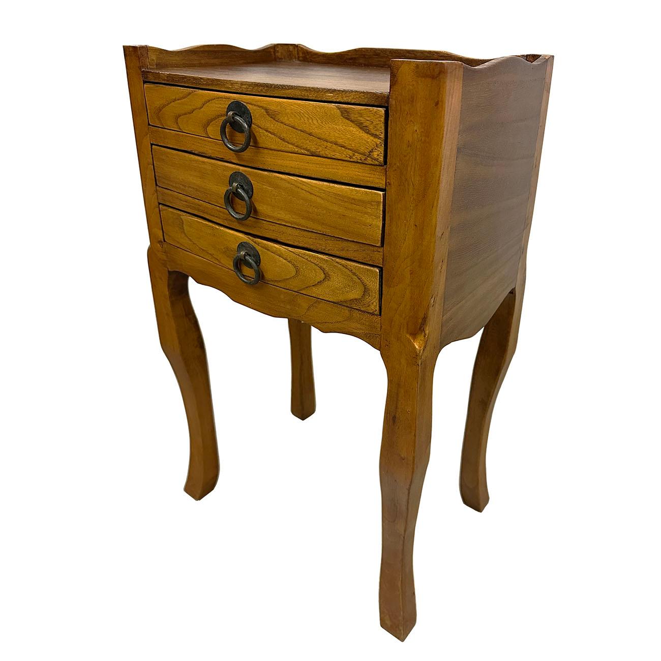 This beautiful nightstand is handmade and hand carved. Very sturdy. It has three drawers on the front letting you store your stuffs. Very simple and elegant design. From the pictures, you can see it is in very good condition with normal age