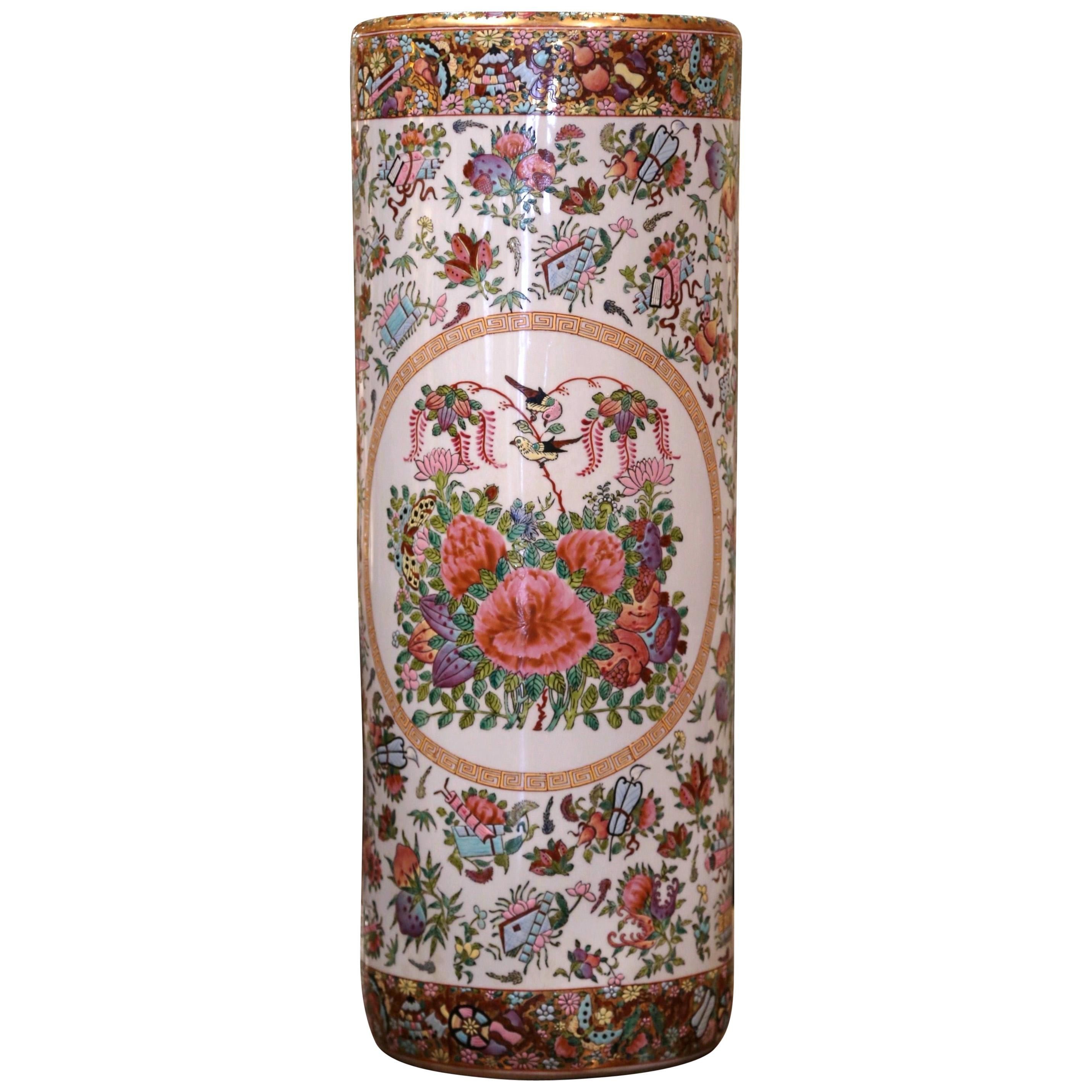 Mid-20th Century Chinese Painted & Gilt Rose Medallion Porcelain Umbrella Stand
