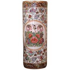 Vintage Mid-20th Century Chinese Painted & Gilt Rose Medallion Porcelain Umbrella Stand