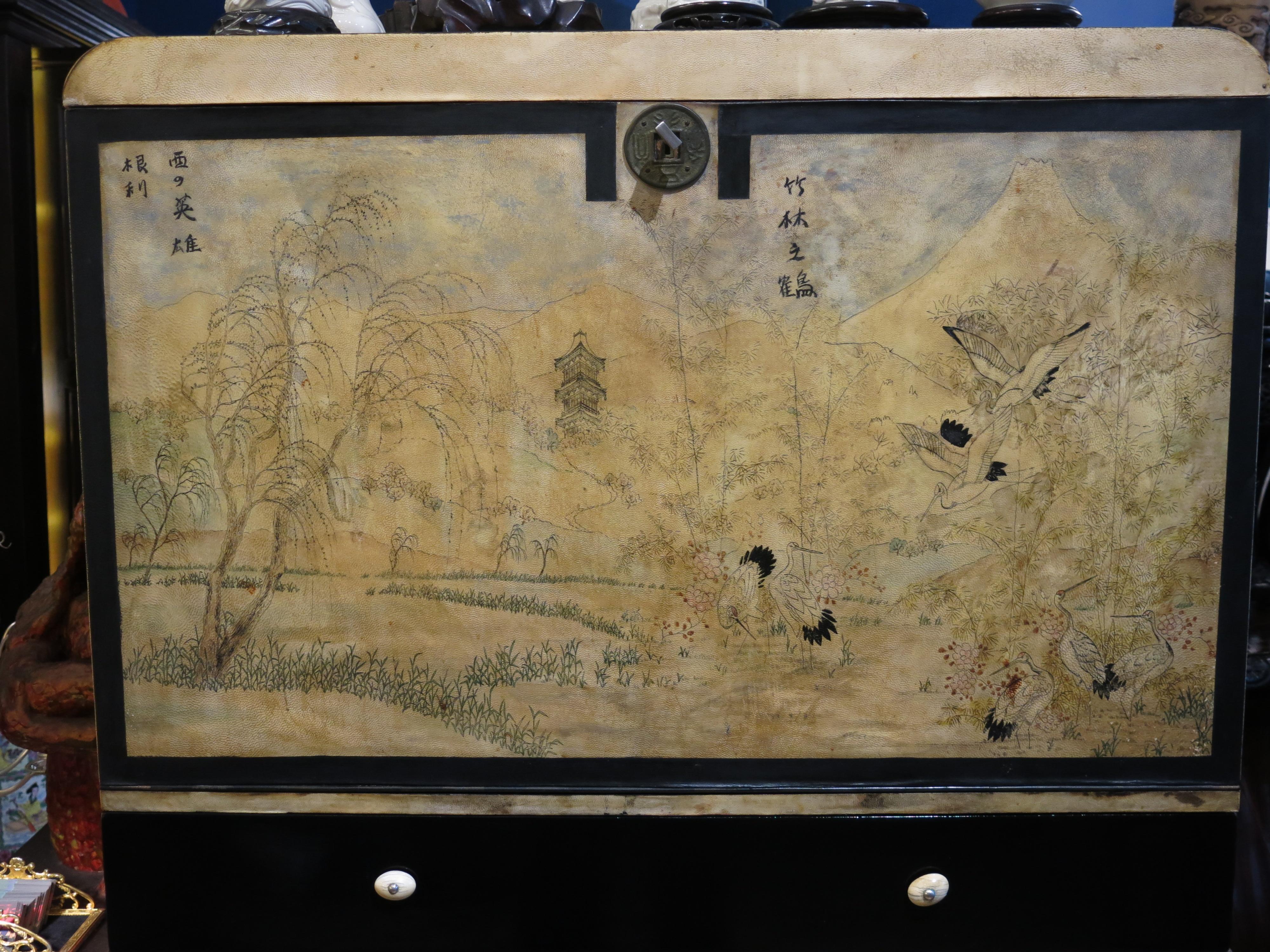 Blackened Mid-20th Century Chinese Parchment Cabinet For Sale