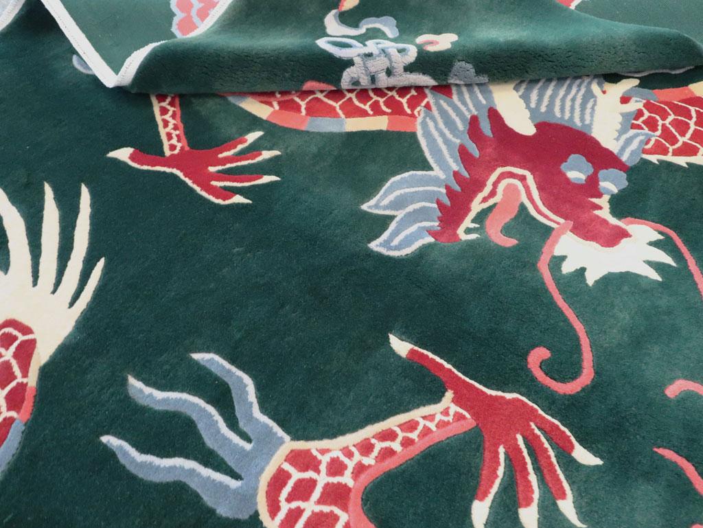 Mid-20th Century Chinese Pictorial Dragon Room Size Carpet in Green & Ruby Red For Sale 4