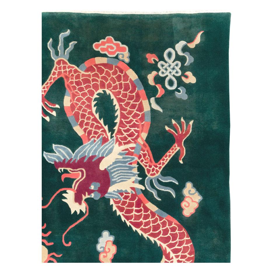Art Deco Mid-20th Century Chinese Pictorial Dragon Room Size Carpet in Green & Ruby Red For Sale