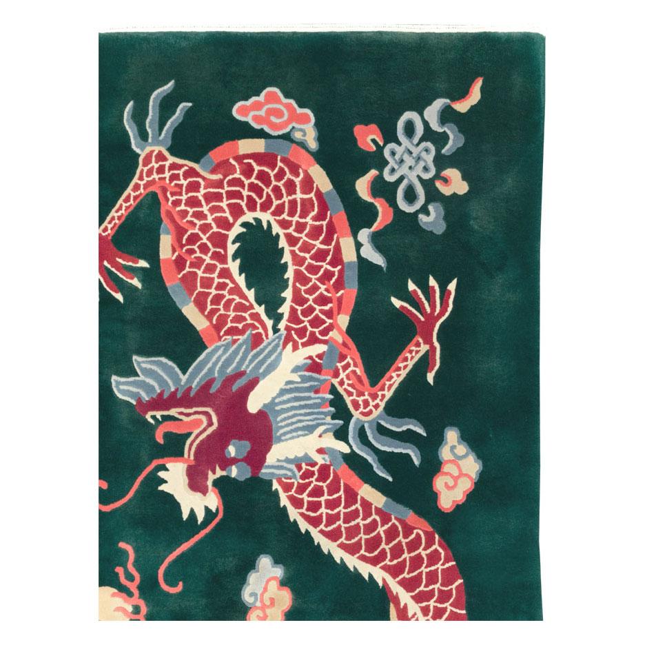 Hand-Knotted Mid-20th Century Chinese Pictorial Dragon Room Size Carpet in Green & Ruby Red For Sale