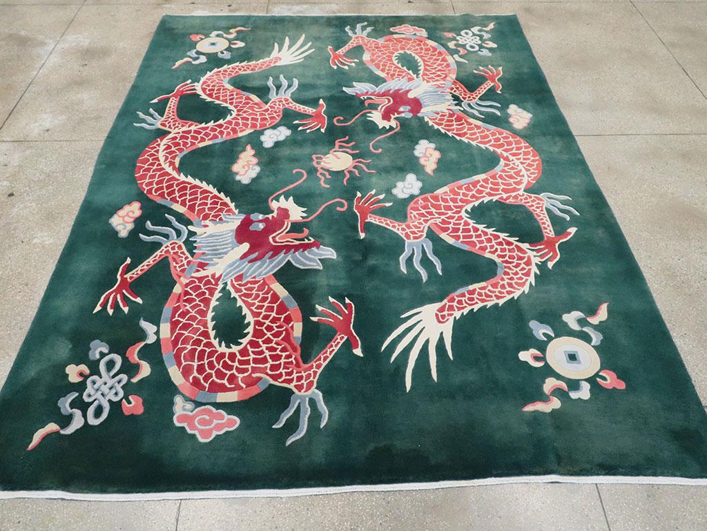 Mid-20th Century Chinese Pictorial Dragon Room Size Carpet in Green & Ruby Red In Excellent Condition For Sale In New York, NY