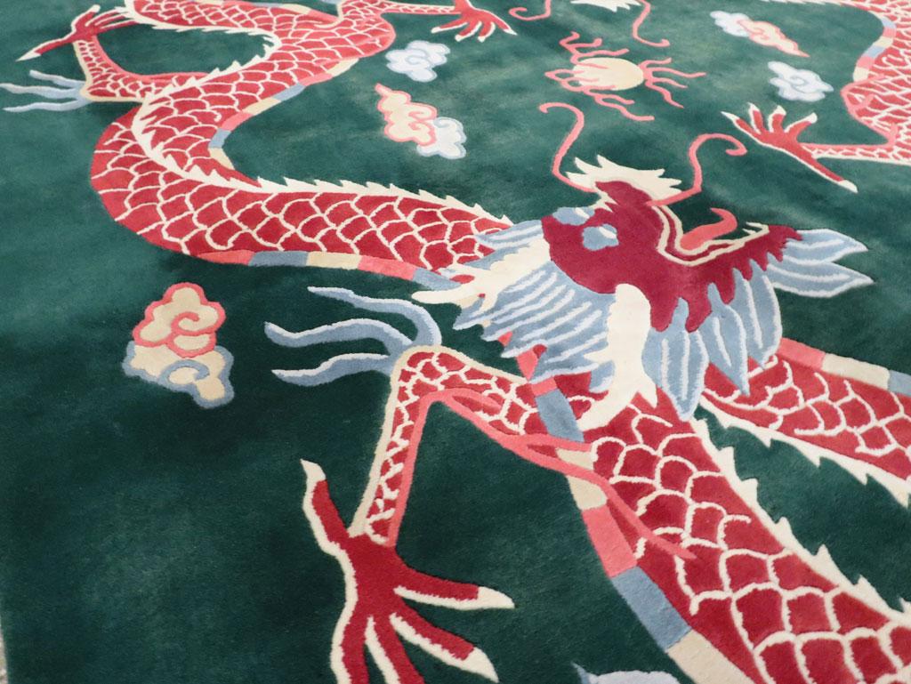Wool Mid-20th Century Chinese Pictorial Dragon Room Size Carpet in Green & Ruby Red For Sale