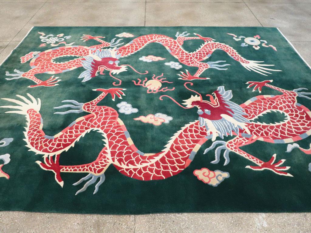 Mid-20th Century Chinese Pictorial Dragon Room Size Carpet in Green & Ruby Red For Sale 1
