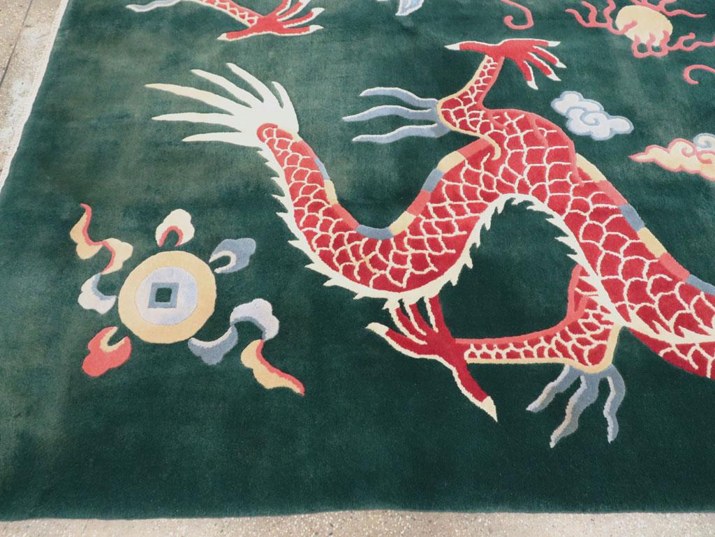 Mid-20th Century Chinese Pictorial Dragon Room Size Carpet in Green & Ruby Red For Sale 2