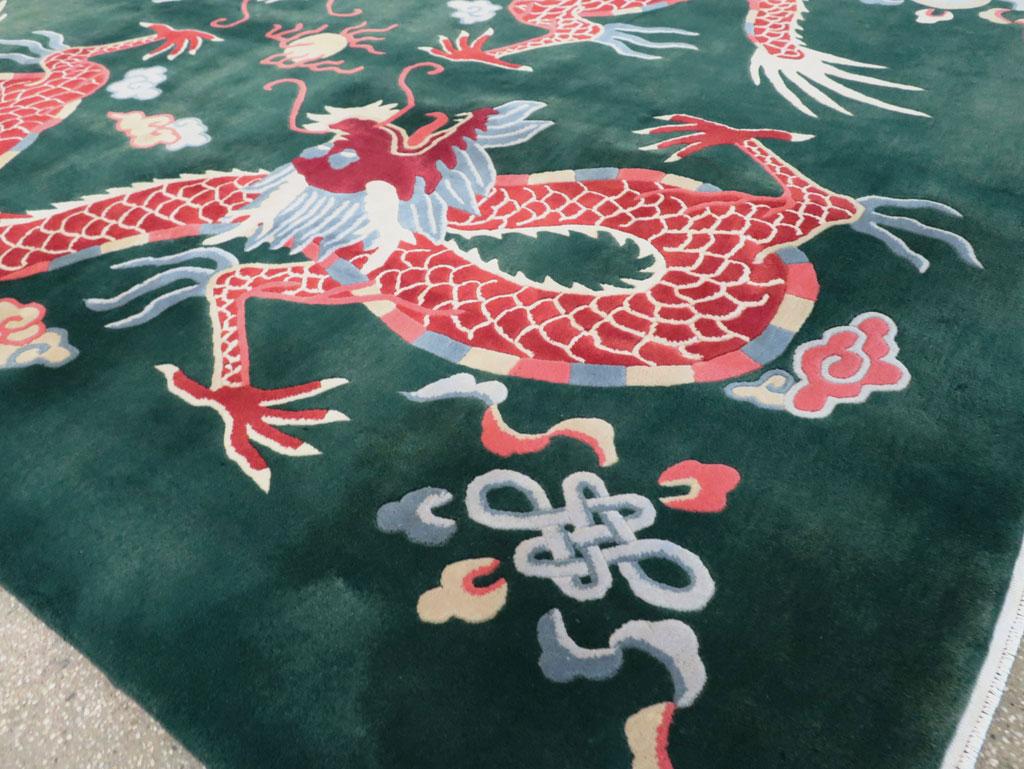 Mid-20th Century Chinese Pictorial Dragon Room Size Carpet in Green & Ruby Red For Sale 3