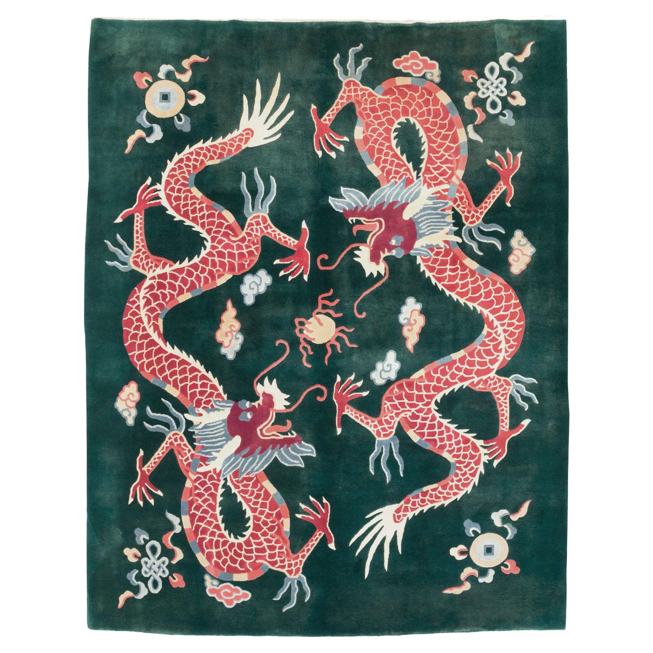 Mid-20th Century Chinese Pictorial Dragon Room Size Carpet in Green & Ruby Red
