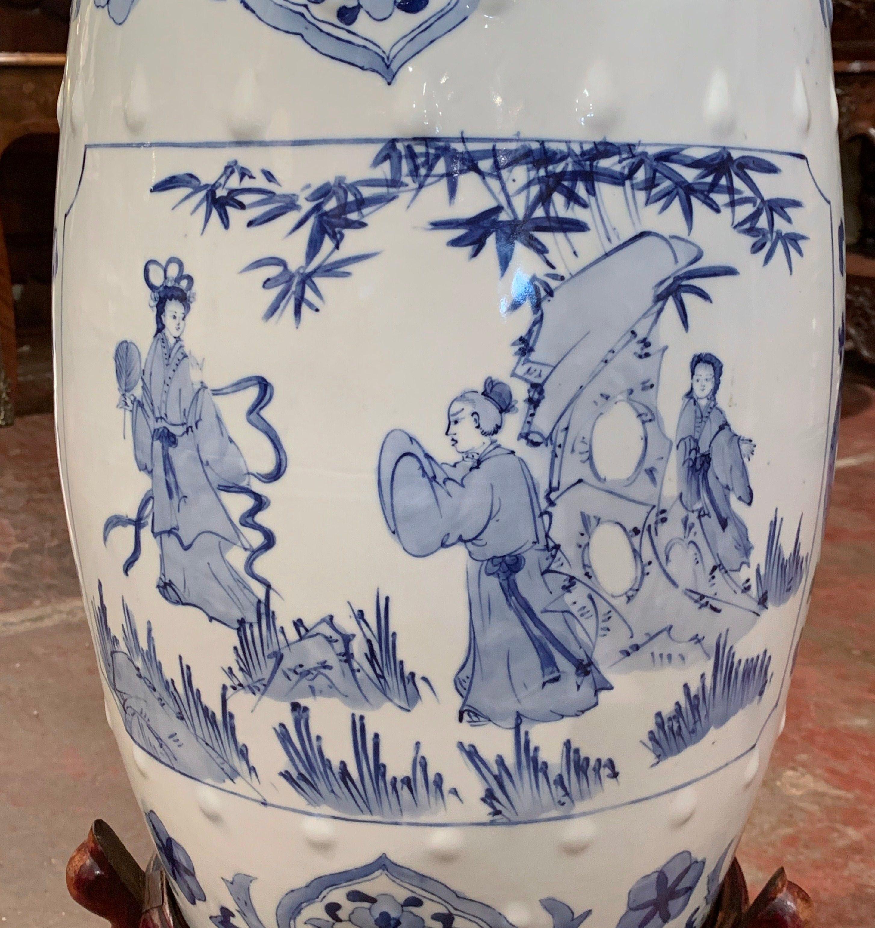 Hand-Painted Mid-20th Century Chinese Porcelain Garden Stool on Carved Stand