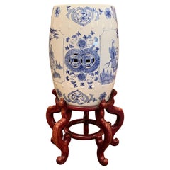 Vintage Mid-20th Century Chinese Porcelain Garden Stool on Carved Stand