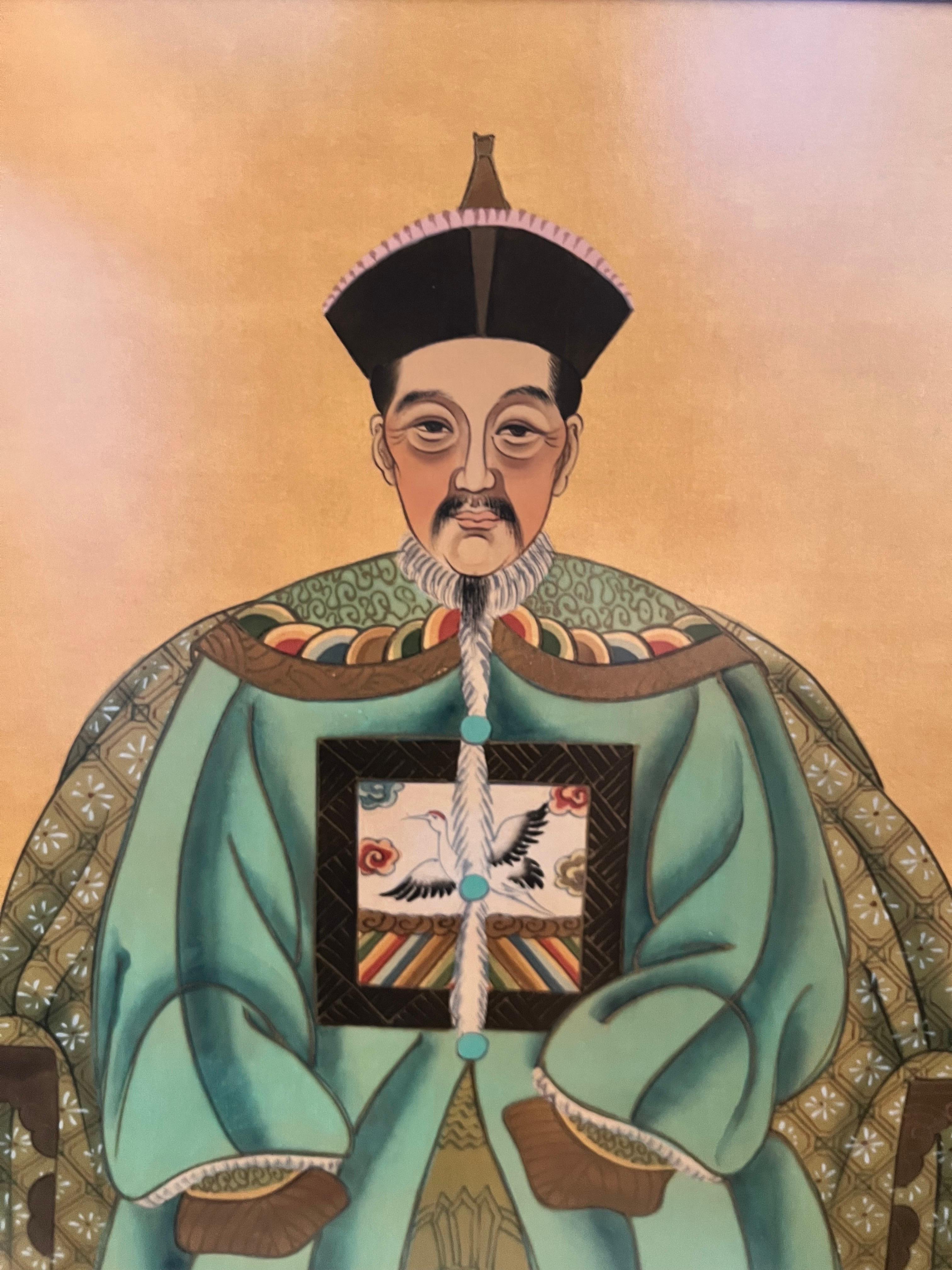 Hand-Painted Mid 20th Century Chinese Portraits of Emperor & Empress Watercolor on Silk