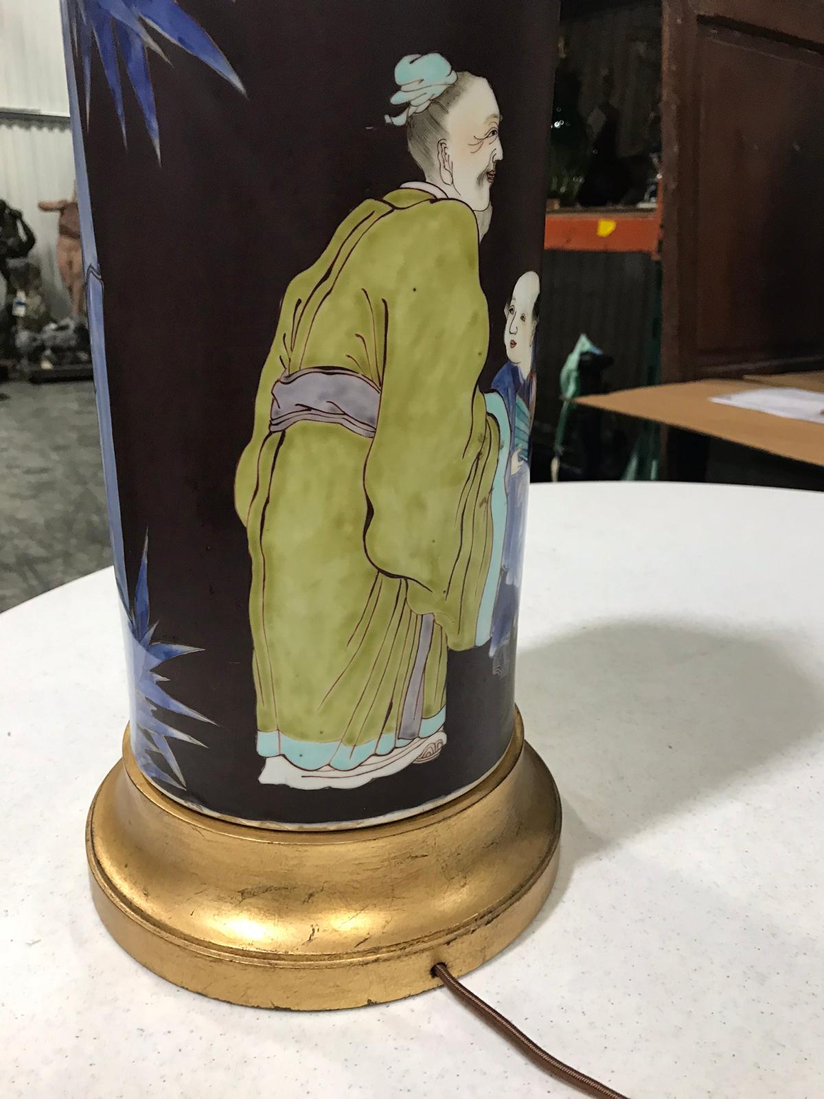 Mid-20th Century Chinese Pottery Lamp with Figural Scene Lamp on Custom Base For Sale 6