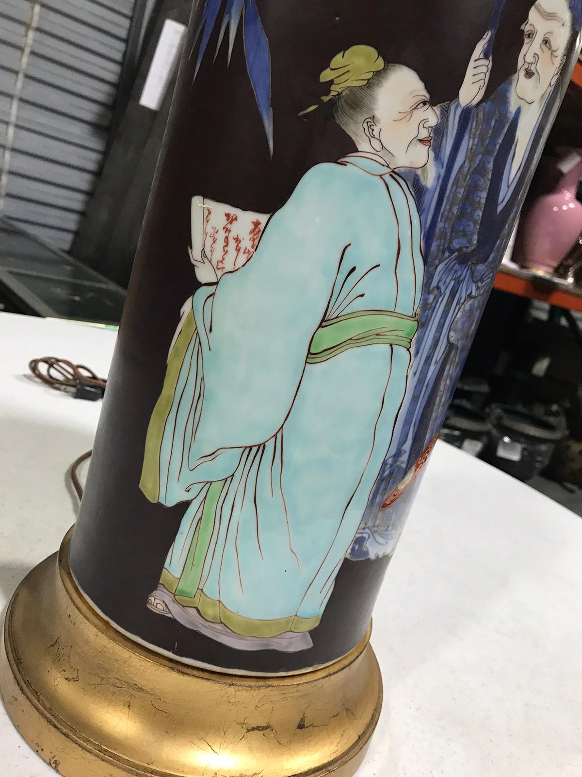 Mid-20th Century Chinese Pottery Lamp with Figural Scene Lamp on Custom Base For Sale 9