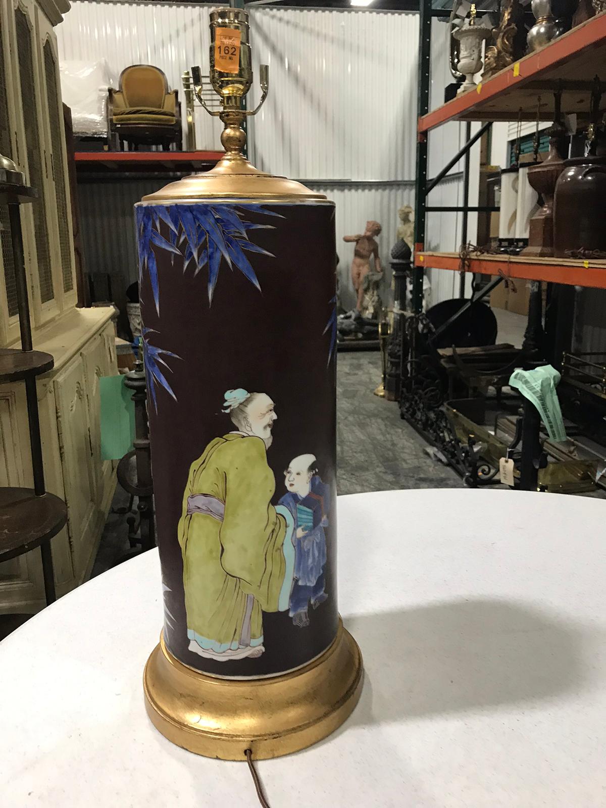 Mid-20th Century Chinese Pottery Lamp with Figural Scene Lamp on Custom Base For Sale 10