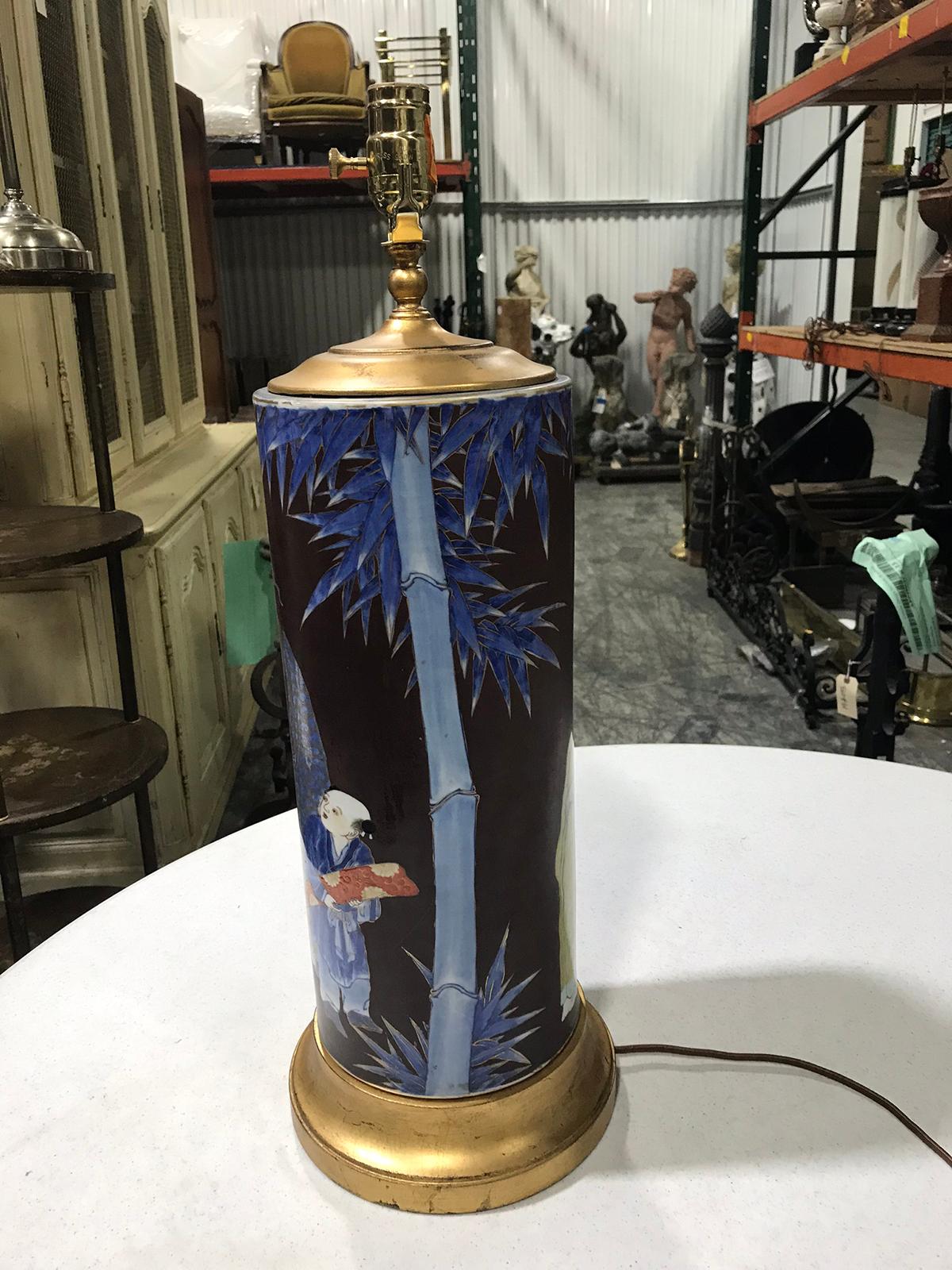 Mid-20th Century Chinese Pottery Lamp with Figural Scene Lamp on Custom Base In Good Condition For Sale In Atlanta, GA
