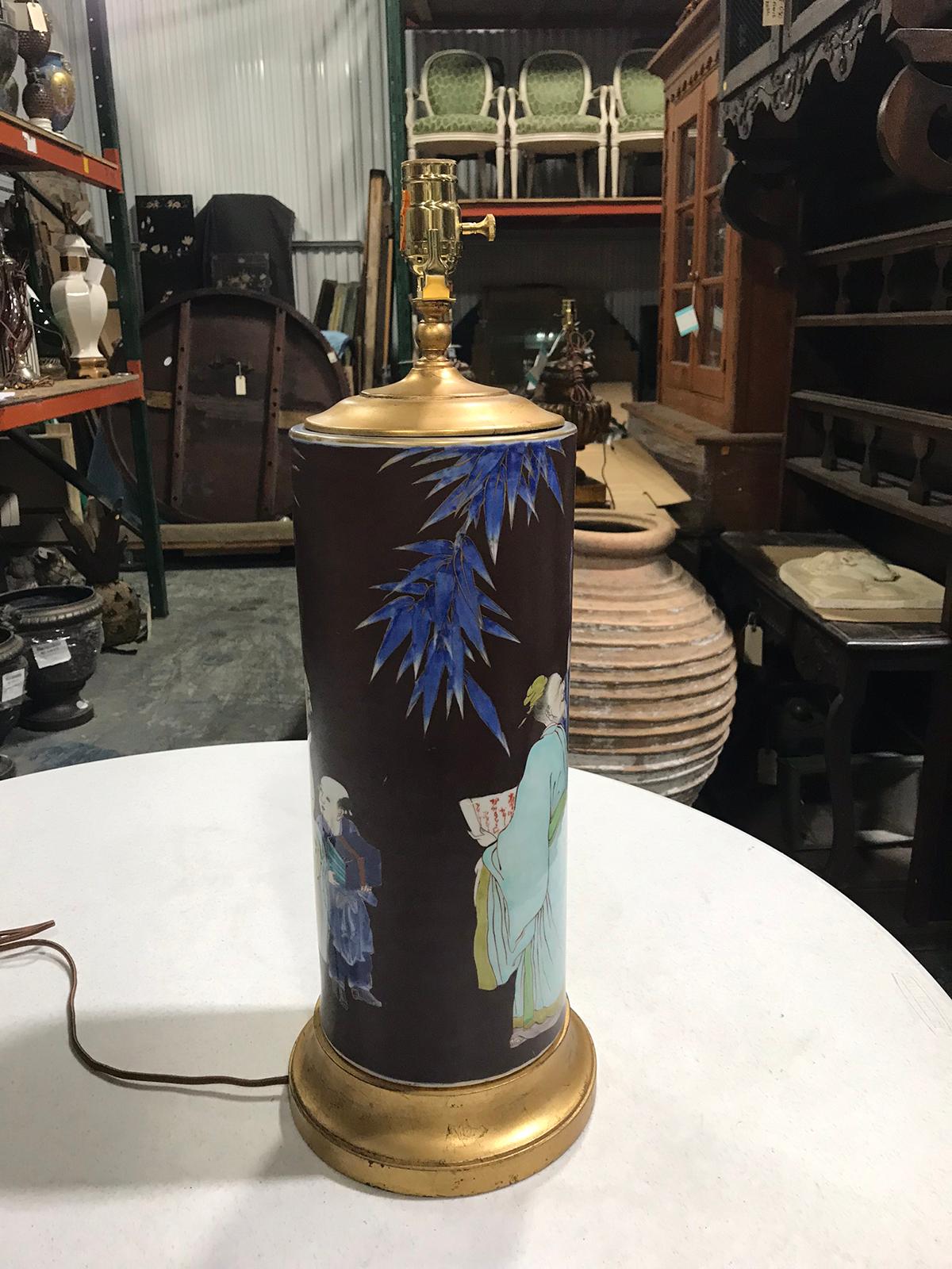 Mid-20th Century Chinese Pottery Lamp with Figural Scene Lamp on Custom Base For Sale 1