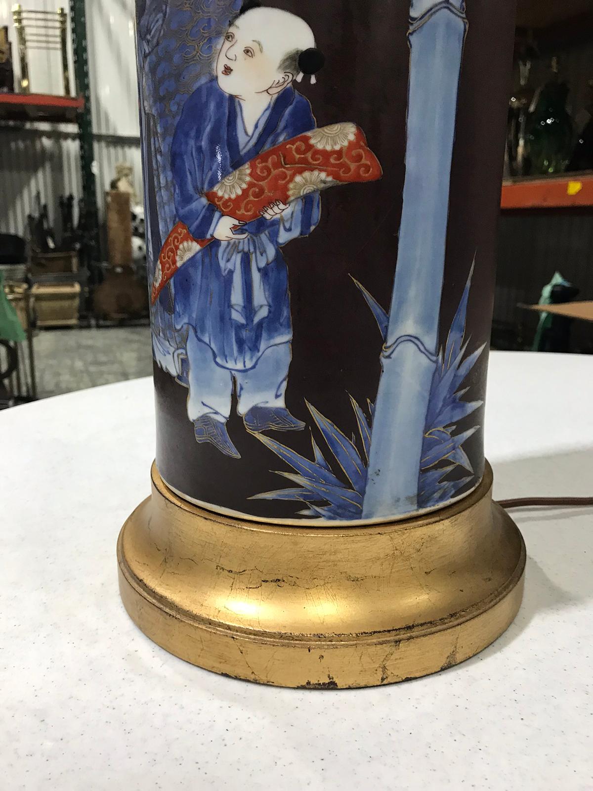 Mid-20th Century Chinese Pottery Lamp with Figural Scene Lamp on Custom Base For Sale 4