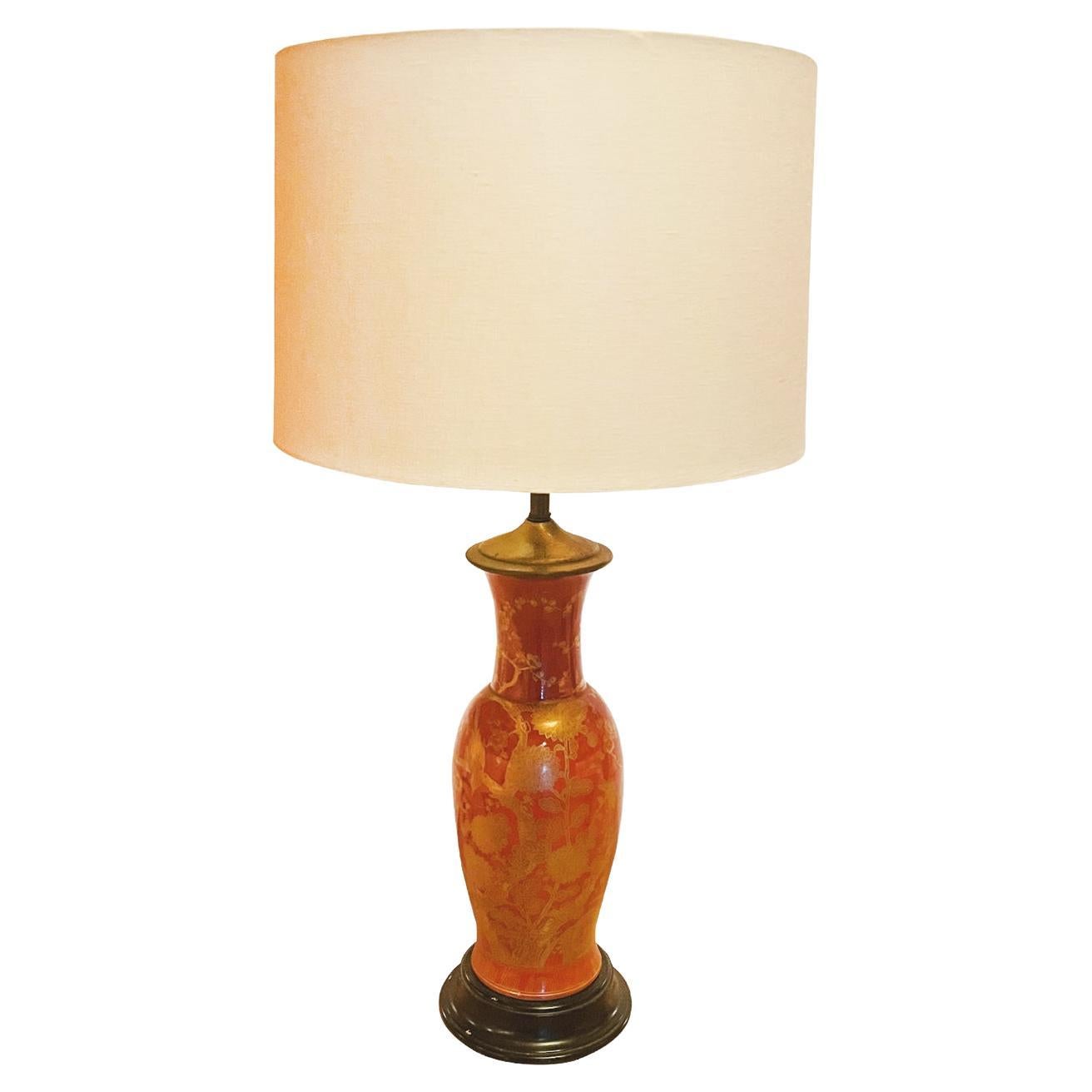 Mid 20th Century Chinese Red & Gold Urn Table Lamp